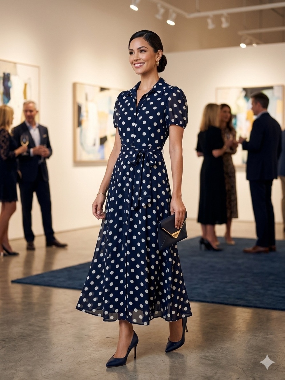 Studio One Navy and White Polka Dot High-Low Dress